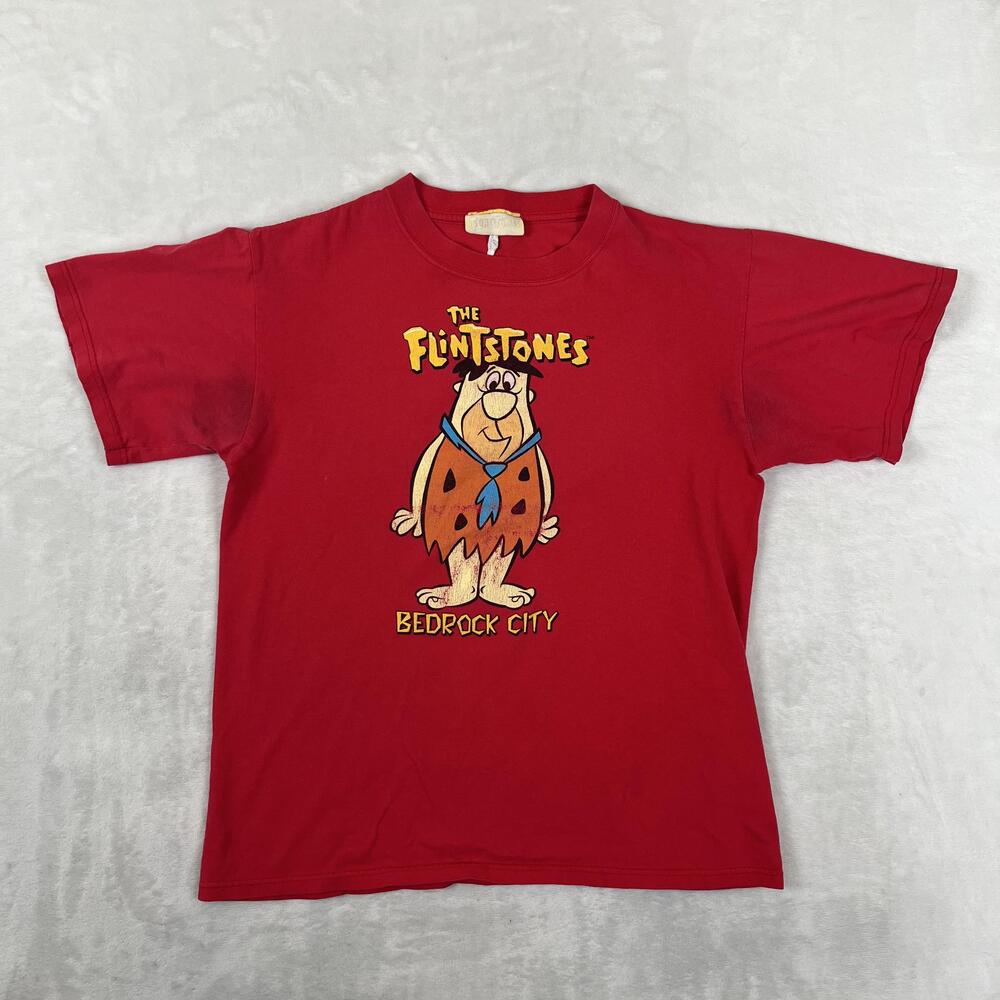 Vintage The Flintstones T-Shirt Mens Medium Red Fred Bedrock City Double Sided